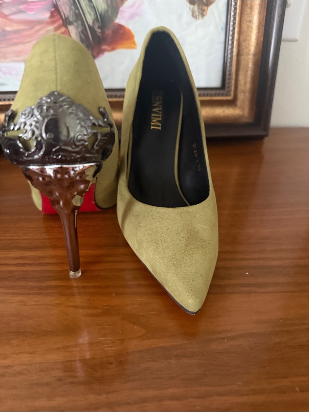Olive Green Pointed Toe Pump with Ornate Heel